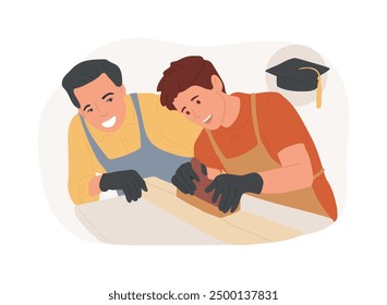 Hand tool isolated cartoon vector illustrations. Teacher with his student work with hand tool, carpentry training, technical college, associate degree, master a profession vector cartoon.