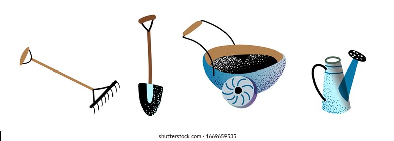 Hand tool kit, instrument for flower caring, movable equipment for gardening. Rake, spade, wheelbarrow, steel watering can. Horticulture season. Set isolated on white background. Vector illustration