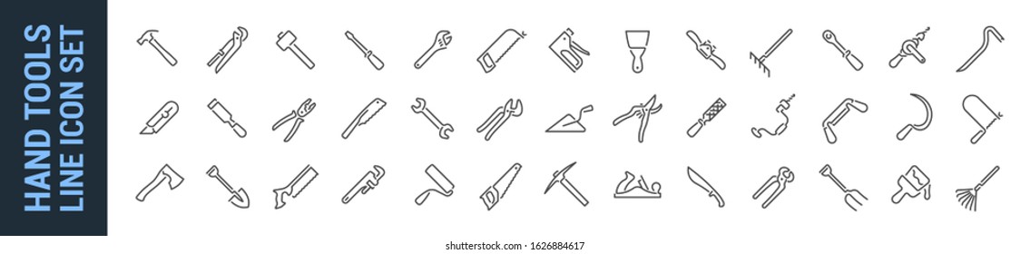 Hand tool line icon set. Vector isolated manual tools. Collection