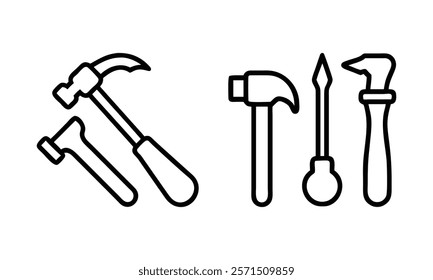 Hand tool outline icon collection, A set of black outline icons featuring hammers, screwdrivers, and wrenches, perfect for themes related to repair, construction, and DIY projects. 
