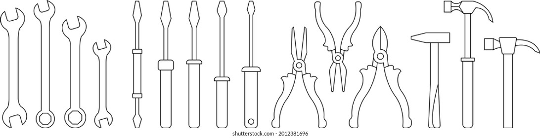 Hand tool. Screwdriver, a hammer, pliers, wrench. Line drawing. Vector