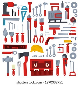 Hand tool set. Collection of equipment for repair. Saw and screwdriver, drill and level. Handyman tools. Isolated vector illustration