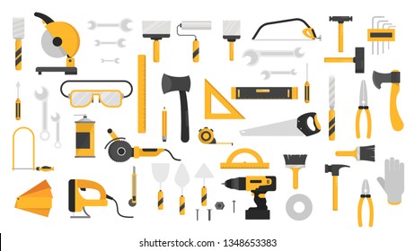 Hand tool set. Collection of equipment for repair. Saw and screwdriver, drill and level. Handyman tools. Isolated vector illustration in cartoon style