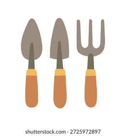 Hand tool set illustration featuring shovel, spade, and fork, ideal for cultivation tutorials, soil preparation posts, and backyard farming content.
