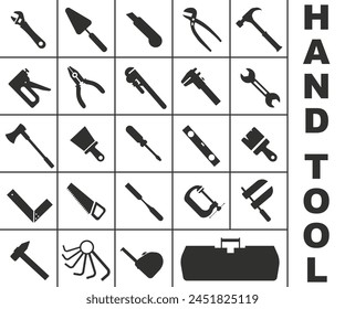 Hand tool. Set of hand tools or tools icons. Dark tool icons. EPS 10.