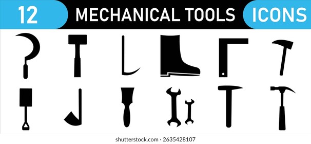 Hand tool silhouettes. Construction tools vector icon. Tools, wrench, gear, hammer, spanner, paint brush, safety shoe vector icon. Mechanical tools vector icons.