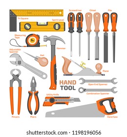 Hand tool vector construction handtools hammer pliers and screwdriver of toolbox illustration workshop set of carpenters spanner and hand-saw isolated on white background