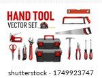 hand tool vector set for advertising diy repair red banner. Tool box, scissors, tape measure, saw, stapler, adjustable wrench, pliers, stationery knife, hammer