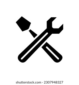 Hand tools black glyph icon. Automobile repair workshop. Settings menu. Routine maintenance. Wrench and screwdriver. Silhouette symbol on white space. Solid pictogram. Vector isolated illustration
