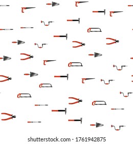 Hand tools for carpentry. Pattern of tools for wrapping paper, book cover. Background for a construction workshop. Hacksaws, hammer, drill.