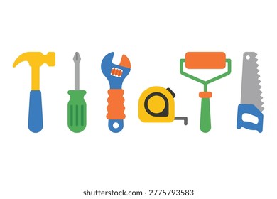 Hand Tools Collection Set, Hammer, Screwdriver, Wrench, Tape Measure, Paint Roller, and Saw, Flat Vector Illustration for Construction and DIY
