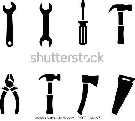 Hand tools collection. Wrench screwdriver hammer pliers axe saw.