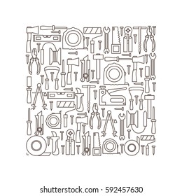 Hand tools for construction and repair located inside the square. Vector illustration.