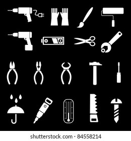 Hand tools and DIY tools - set of vector icons. Isolated symbols on black background.