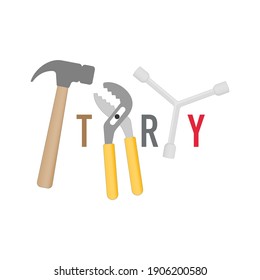 Hand tools and fixing place alternately with letters as a gimmick of try typographic design. Vector illustration outline flat design style.