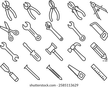 Hand Tools and Hardware Essentials Tooles Icon Set.