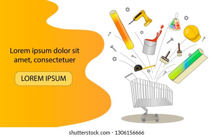 Hand tools for home renovation and construction. Cart with building materials. Landing page template.