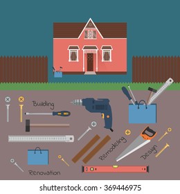 Hand tools for home renovation and construction. Tools in a bright, flat style. A colorful poster , vector.  Tools and materials: hammer, screwdriver, saw, drill, screwdriver, ruler, nails, level.