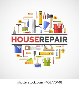 Hand tools for home renovation and construction. Tools in a bright, flat style. Building and house repair. Roller, brush, paint, pencil, tool, hammer, tape measure, putty knife, pencil.