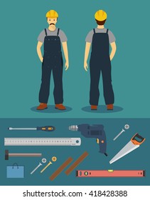 Hand tools for home renovation and construction. Tools in a bright, flat style. Builder, front and back image. Tools and materials: hammer, screwdriver, saw, drill, screwdriver, ruler, nails, level.