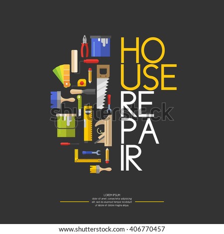 Hand tools for home renovation and construction. Tools in a bright, flat style. Building and house repair. Roller, brush, paint, pencil, tool, hammer, tape measure, putty knife, pencil.