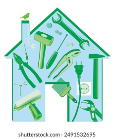 Hand tools in the house illustration, isolated,