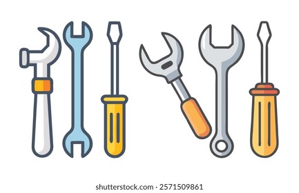 Hand tools icon set in color, A collection of colorful hand tool icons, including wrenches, screwdrivers, and a hammer, representing repair, construction, and DIY themes. 
