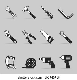 Hand tools icon set in single color. Transparent shadows & background placed on different layers.