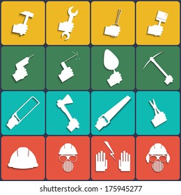 Hand tools icon set vector.  Flat Design with Long Shadows. 
