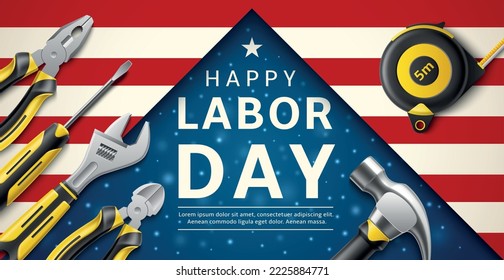 Hand tools labor day poster. Realistic repair master instruments, american workers professional holiday banner, 3d isolated elements, usa flag background, copy space, utter vector concept