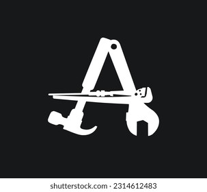 Herramientas de mano Logo de la letra A. icono de la carta del día laboral. icono del logotipo de herramientas de construcción. Logo de Hammer