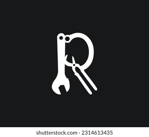 Herramientas de mano Logo de la letra R. icono de la carta del día laboral. icono del logotipo de herramientas de construcción. Logo de Hammer