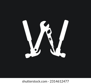 Herramientas manuales Logo de la letra W. icono de la carta del día laboral. icono del logotipo de herramientas de construcción. Logo de Hammer