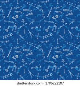 Hand tools line art vector seamless pattern on blue background. Instruments for renovation and working concept. Hand tools for construction and repair linear (outline) graphic design.
