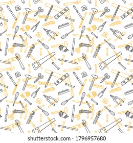 Hand tools line art vector seamless pattern on white background. Instruments for renovation and working concept. Hand tools for construction and repair linear (outline) graphic design.
