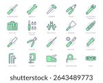 Hand tools line icon set. Vector illustration include icon - screwdriver, wrench, hammer, spanner, scraper, utility knife outline pictogram for toolbox instrument. Green Color, Editable Stroke.