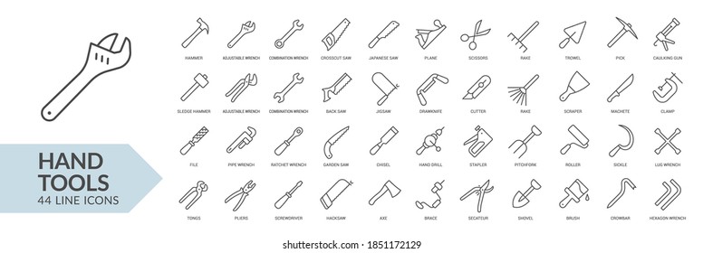 Hand tools line icon set. Isolated signs on white background. Vector illustration