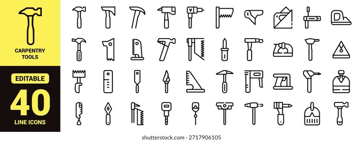 Conjunto de iconos de línea de herramientas de mano para proyectos de construcción, carpintería, reparación y bricolaje con símbolos de Vector de contorno editables