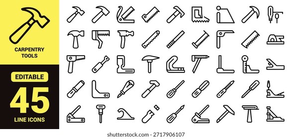 Conjunto de iconos de línea de herramientas de mano para proyectos de construcción, carpintería, reparación y bricolaje con símbolos de Vector de contorno editables