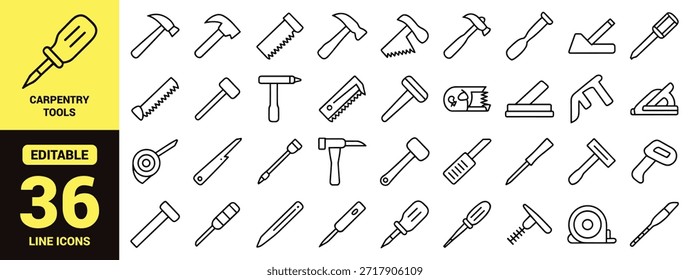 Conjunto de iconos de línea de herramientas de mano para proyectos de construcción, carpintería, reparación y bricolaje con símbolos de Vector de contorno editables