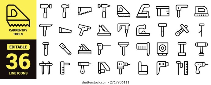 Conjunto de iconos de línea de herramientas de mano para proyectos de construcción, carpintería, reparación y bricolaje con símbolos de Vector de contorno editables