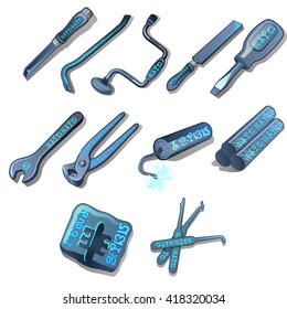 Hand tools with magical inscriptions. Vector illustration.