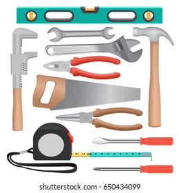 Handwerkzeuge Mockup-Set. Realistische Illustration von 11 Handwerkzeugen Mockups für Web
