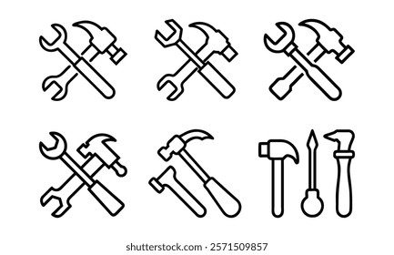 Hand tools outline icon collection, A set of six black outline icons featuring crossed hammers, wrenches, and other tools, symbolizing repair, construction, and DIY themes. 
