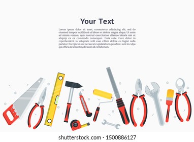 Hand tools and power tools on a white background. Template banner or poster for a construction or repair company. Flat vector illustration on white background.