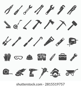 Hand Tools, Power Tools and Safety Equipment Glyph Icon Set