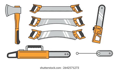Hand Tools and Power Tools for Woodworking and Tree Removal Cutting Process