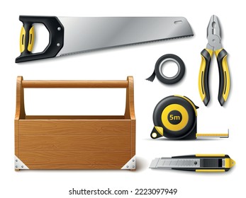 Hand tools. Realistic repairman instruments and wooden storage box, construction tape measure, cutter and saw, pliers and knife, worker objects, 3d isolated elements, utter vector equipment set