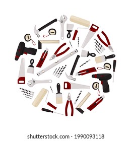 Hand tools for repair in a circle shape. Collection of vector realistic images.