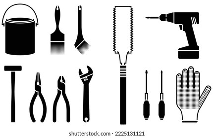 Hand tools of Repair, industrial and building tools black and white silhouette vector